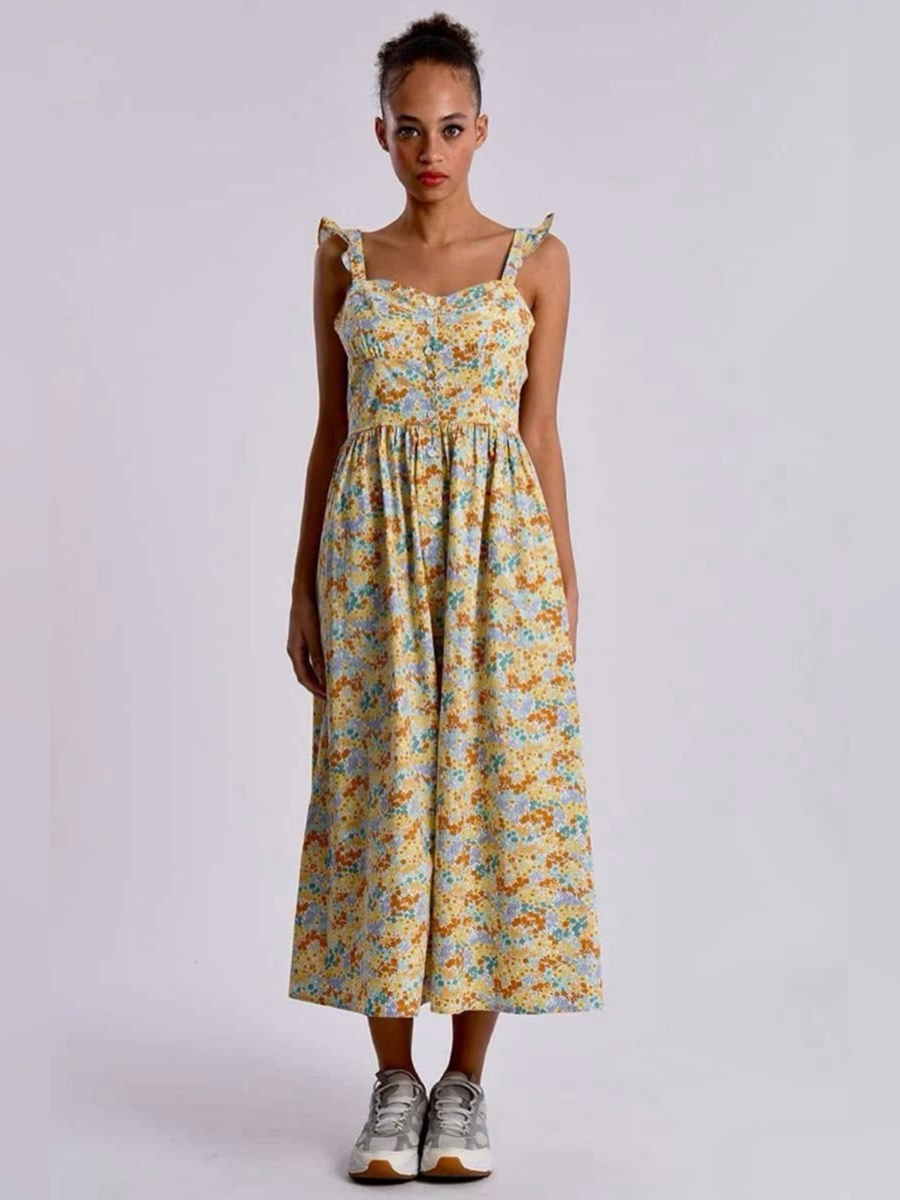 Molly Bracken yellow blue floral cotton sundress midi dress buttons